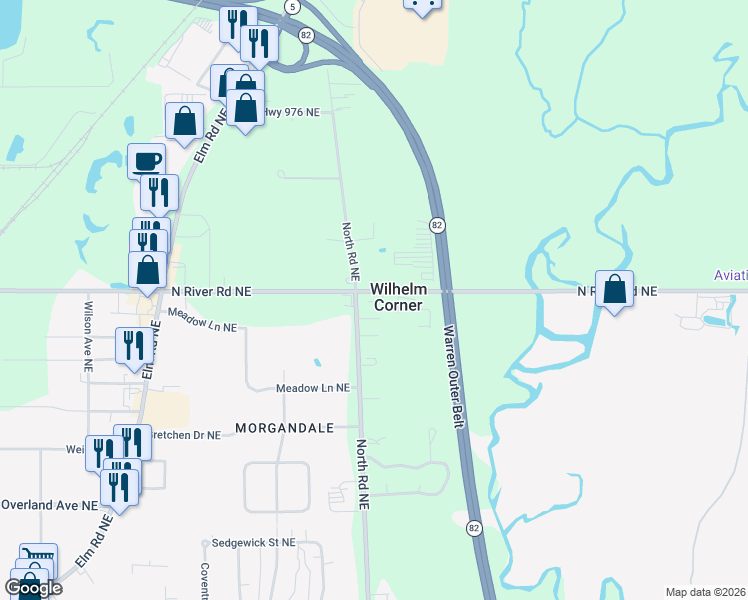 map of restaurants, bars, coffee shops, grocery stores, and more near 2520 North Road Northeast in Warren