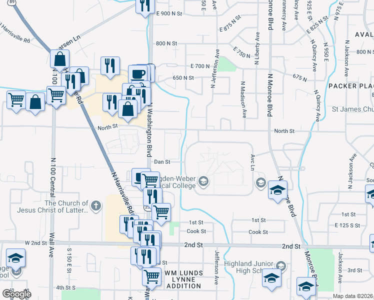 map of restaurants, bars, coffee shops, grocery stores, and more near 348 North Adams Avenue in Ogden