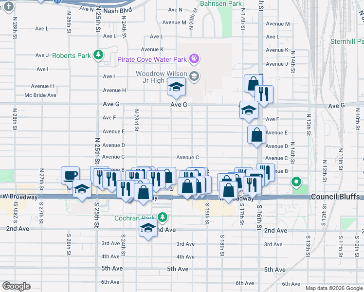 map of restaurants, bars, coffee shops, grocery stores, and more near 2011 Avenue D in Council Bluffs