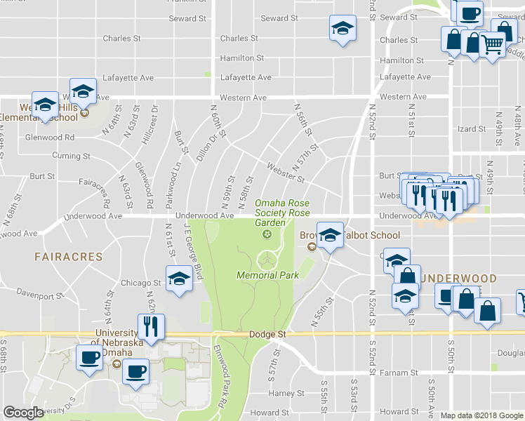 map of restaurants, bars, coffee shops, grocery stores, and more near 651 North 57th Avenue in Omaha