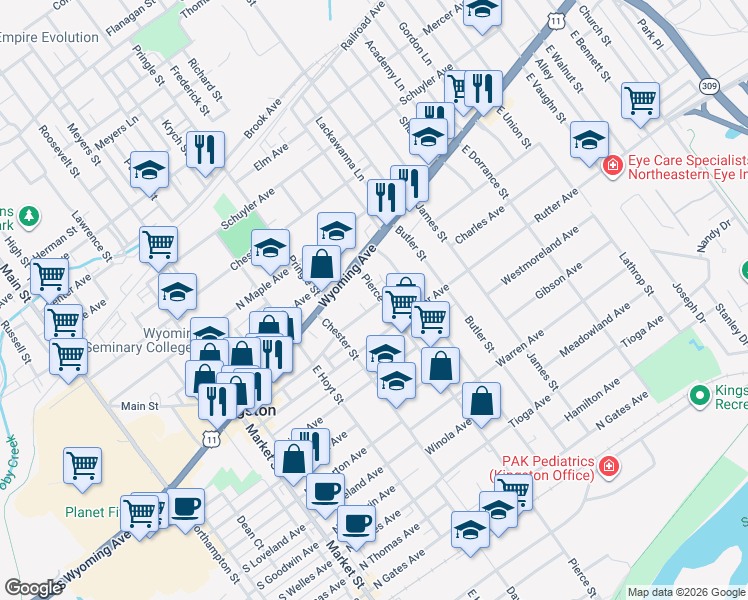 map of restaurants, bars, coffee shops, grocery stores, and more near 385 Ridge Ave in Kingston