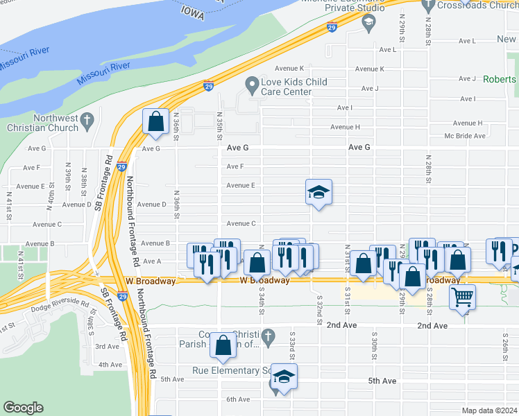 map of restaurants, bars, coffee shops, grocery stores, and more near 326 North 34th Street in Council Bluffs