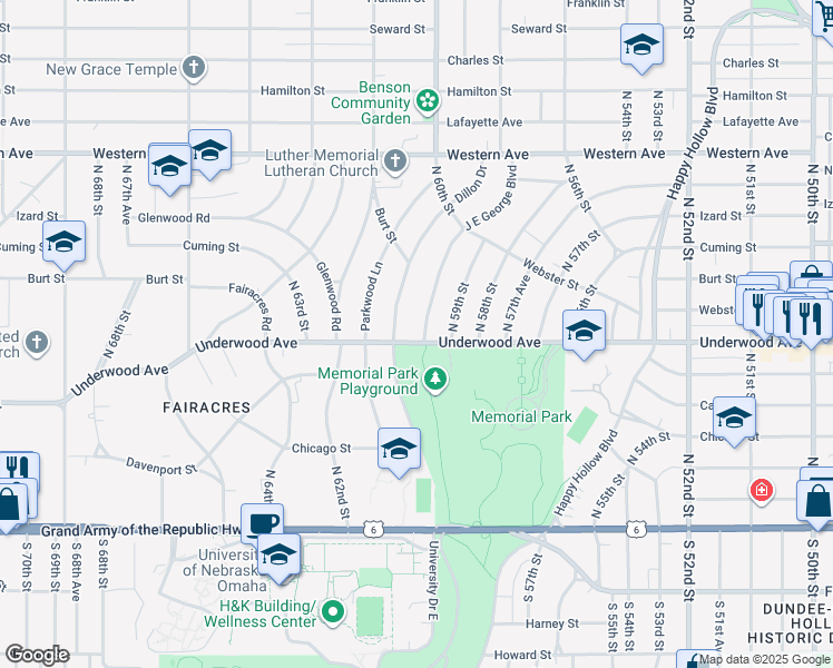 map of restaurants, bars, coffee shops, grocery stores, and more near 652 J E George Boulevard in Omaha