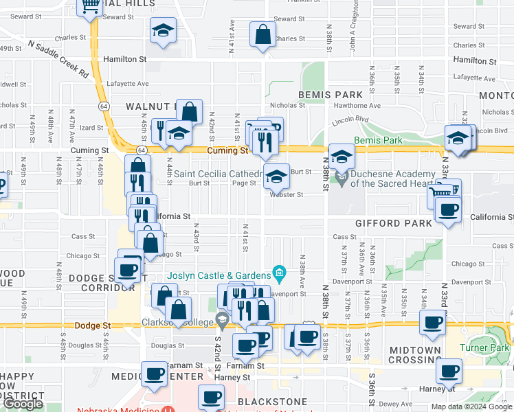 map of restaurants, bars, coffee shops, grocery stores, and more near 605 North 40th Street in Omaha