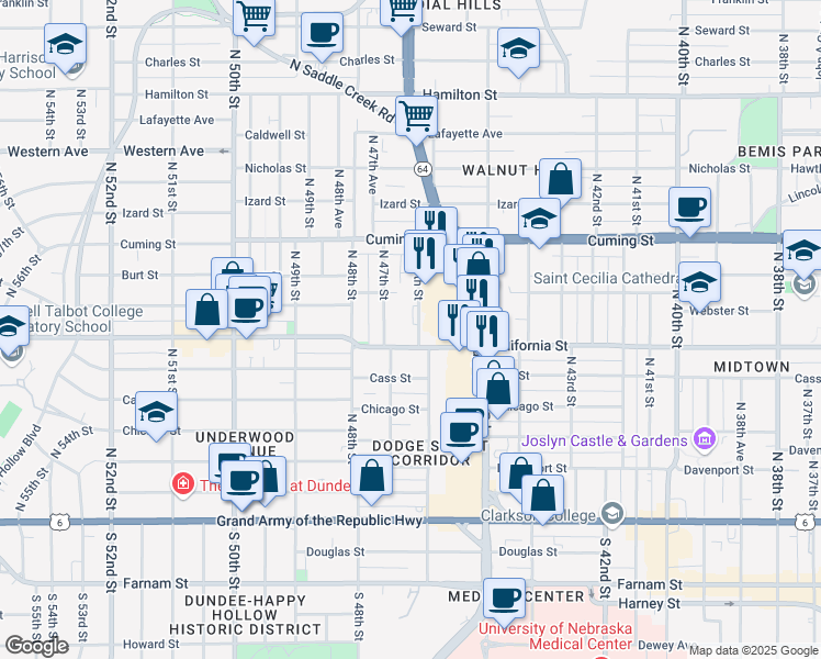 map of restaurants, bars, coffee shops, grocery stores, and more near 4602 California Street in Omaha