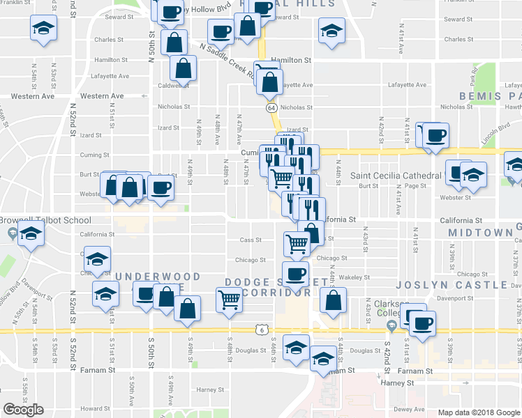 map of restaurants, bars, coffee shops, grocery stores, and more near 4602 California Street in Omaha