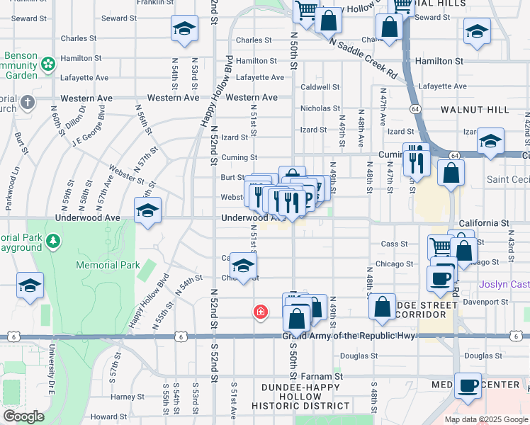 map of restaurants, bars, coffee shops, grocery stores, and more near 623 North 51st Street in Omaha