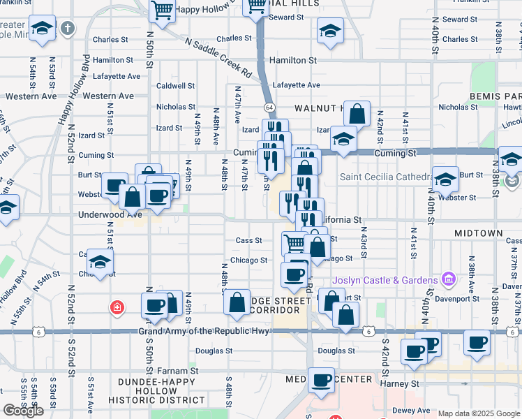 map of restaurants, bars, coffee shops, grocery stores, and more near 4602 California Street in Omaha