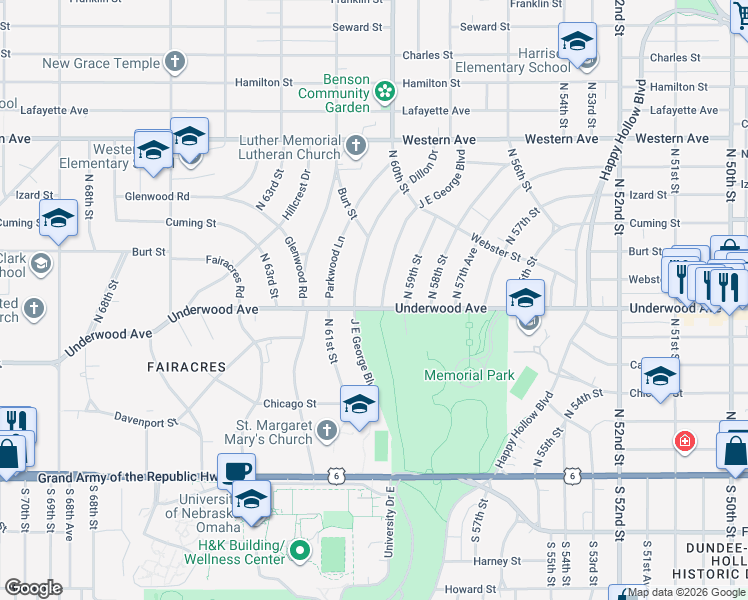 map of restaurants, bars, coffee shops, grocery stores, and more near 652 J E George Boulevard in Omaha
