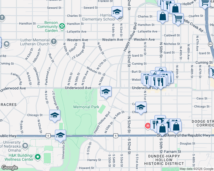 map of restaurants, bars, coffee shops, grocery stores, and more near 654 North 55th Street in Omaha