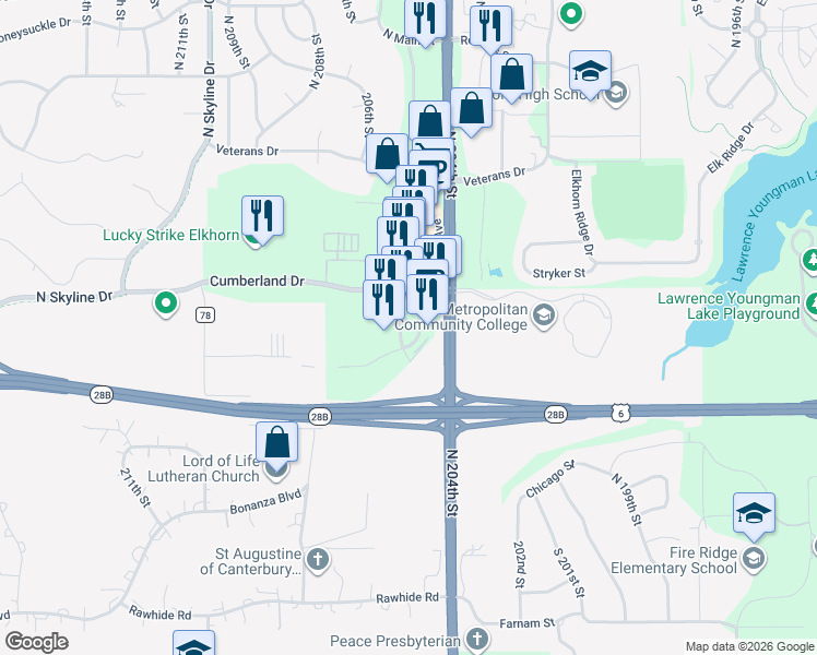 map of restaurants, bars, coffee shops, grocery stores, and more near 711 205th Street in Omaha