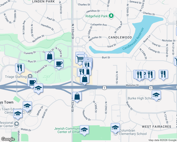map of restaurants, bars, coffee shops, grocery stores, and more near 701 North 132nd Street in Omaha