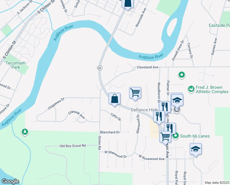 map of restaurants, bars, coffee shops, grocery stores, and more near 1701 Jefferson Avenue in Defiance