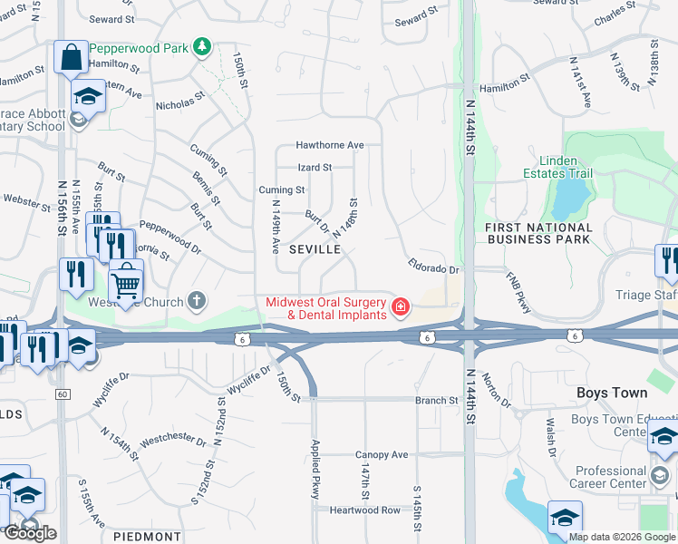 map of restaurants, bars, coffee shops, grocery stores, and more near 607 North 147th Avenue in Omaha