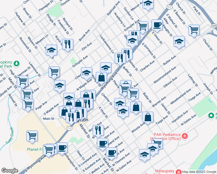 map of restaurants, bars, coffee shops, grocery stores, and more near 382 South Ridge Street in Hanover