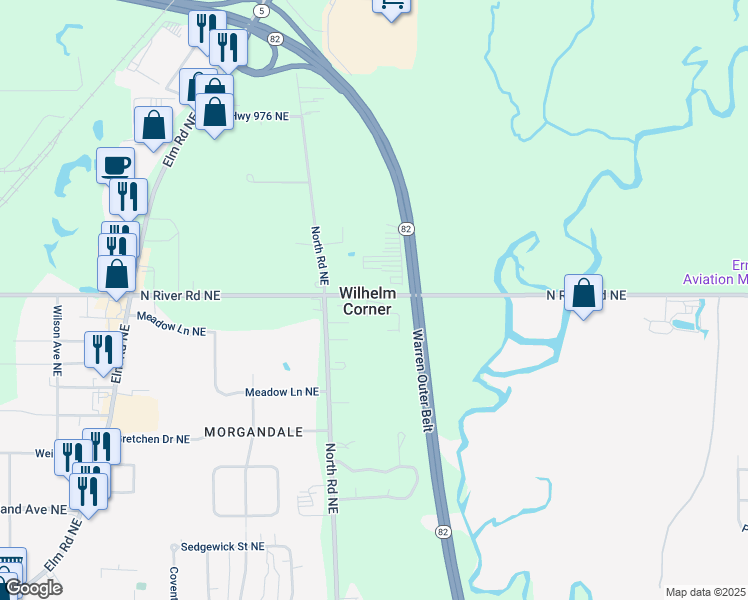 map of restaurants, bars, coffee shops, grocery stores, and more near 2500 North Road Northeast in Warren