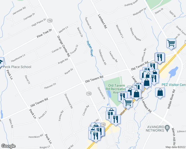 map of restaurants, bars, coffee shops, grocery stores, and more near 159 Old Tavern Road in Orange