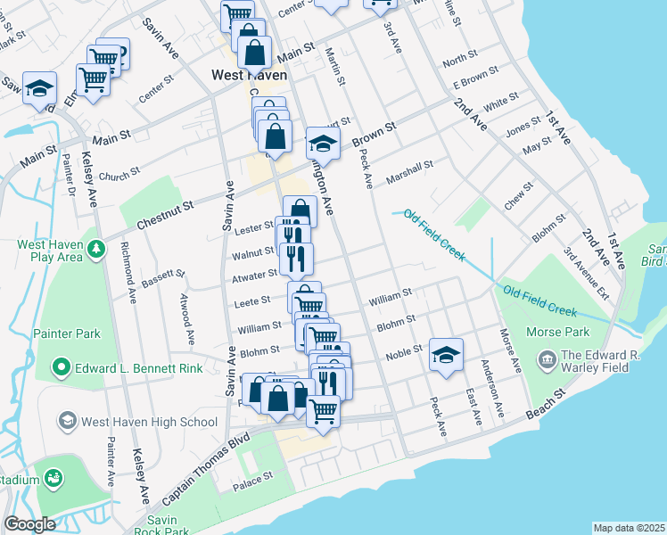 map of restaurants, bars, coffee shops, grocery stores, and more near 85 Leete Street in West Haven