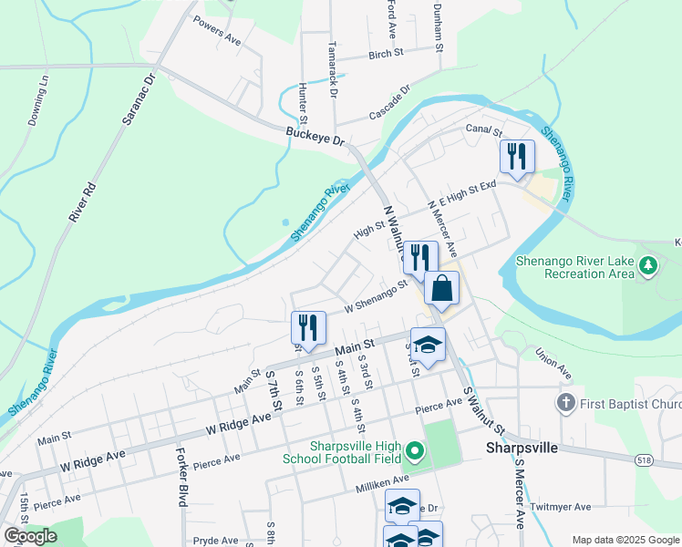map of restaurants, bars, coffee shops, grocery stores, and more near 255 High Street in Sharpsville