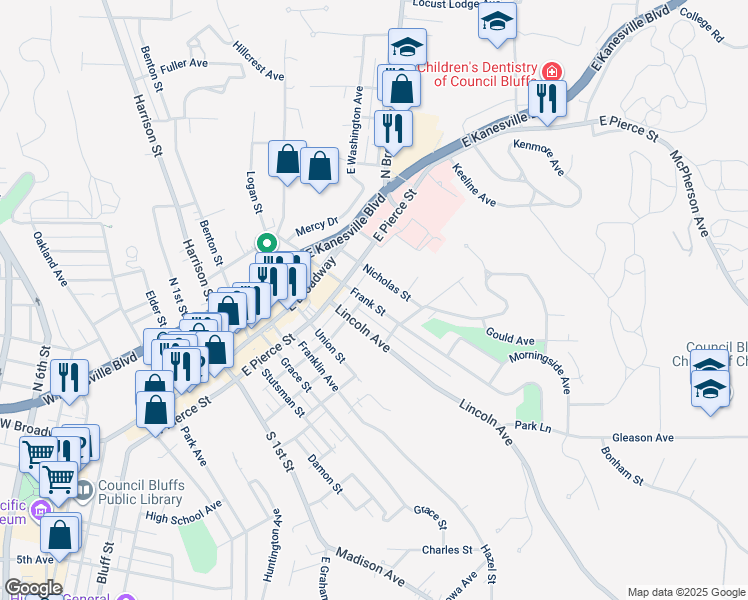 map of restaurants, bars, coffee shops, grocery stores, and more near 226 Frank Street in Council Bluffs