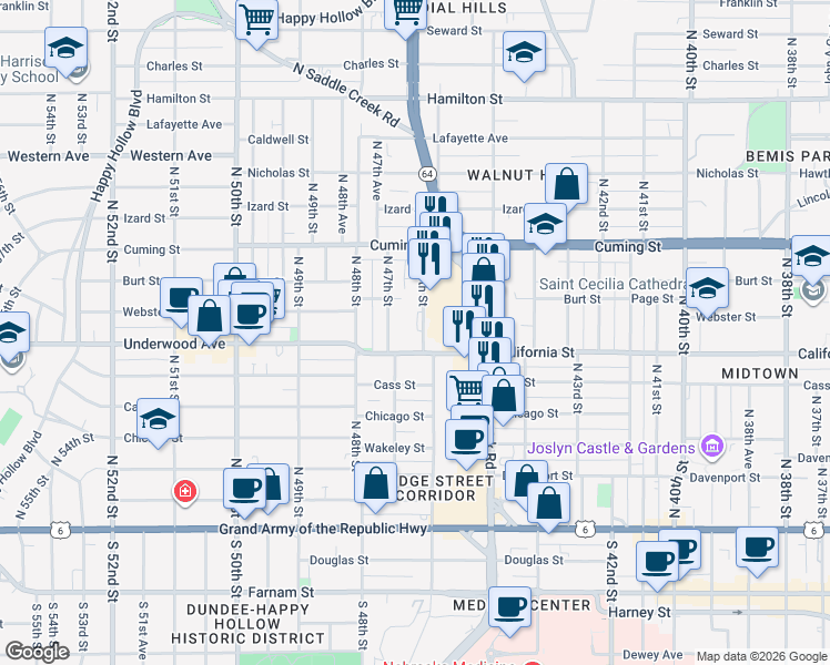 map of restaurants, bars, coffee shops, grocery stores, and more near 4602 California Street in Omaha