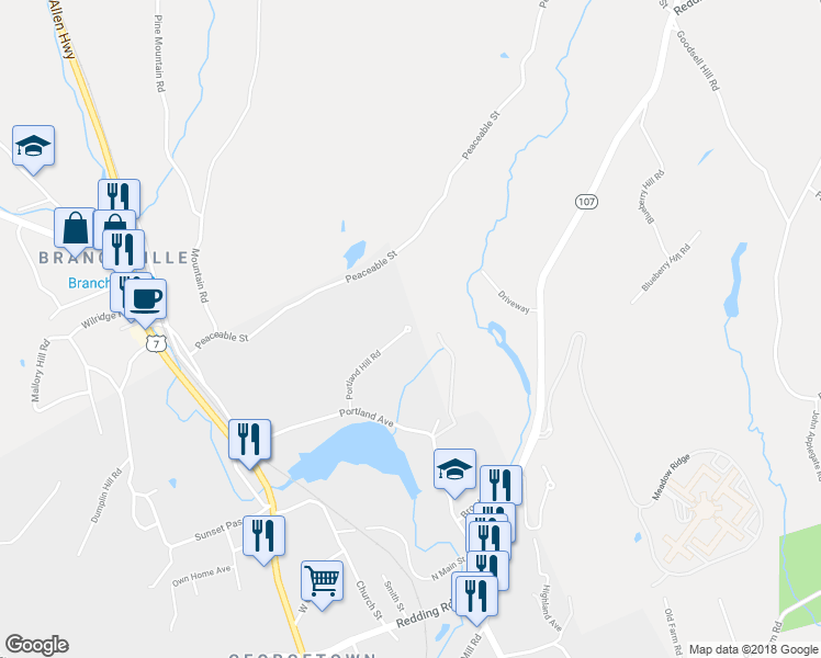 map of restaurants, bars, coffee shops, grocery stores, and more near 142 Portland Hill Road in Redding