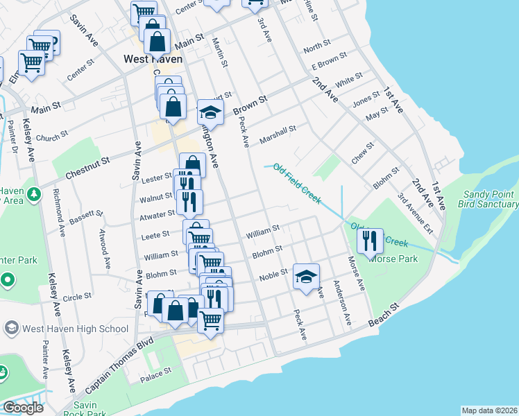 map of restaurants, bars, coffee shops, grocery stores, and more near 20 Leete Street in West Haven