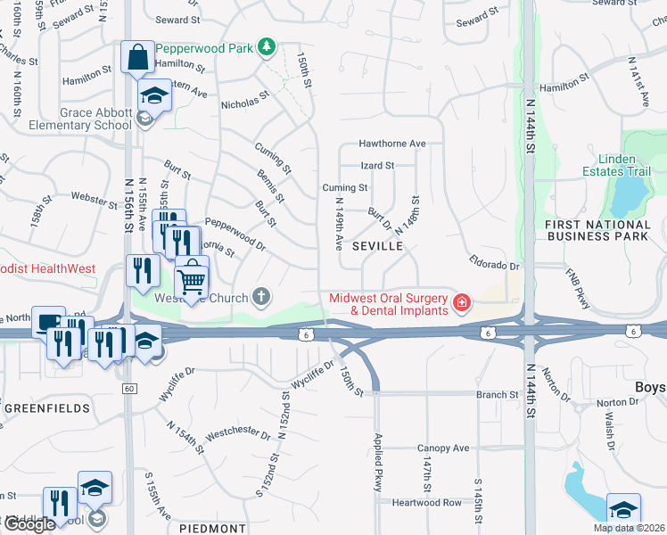 map of restaurants, bars, coffee shops, grocery stores, and more near 611 North 150th Street in Omaha