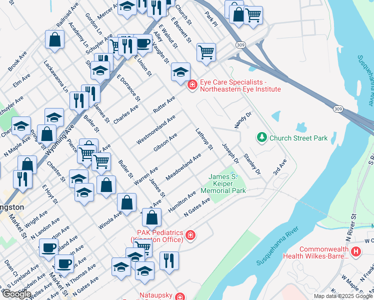map of restaurants, bars, coffee shops, grocery stores, and more near 625 Warren Avenue in Kingston
