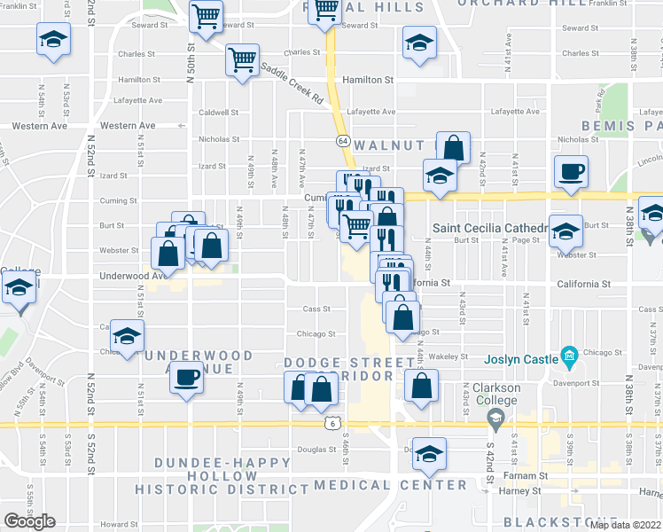 map of restaurants, bars, coffee shops, grocery stores, and more near 4602 California Street in Omaha