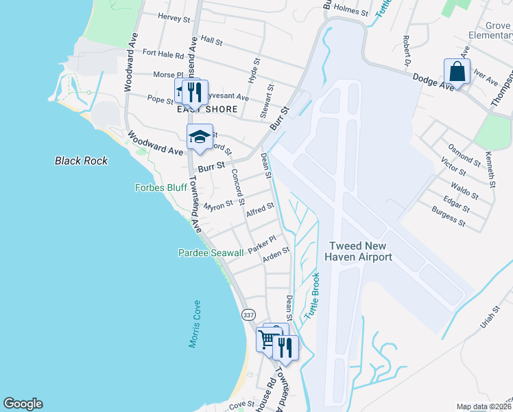 map of restaurants, bars, coffee shops, grocery stores, and more near 23 Alfred Street in New Haven