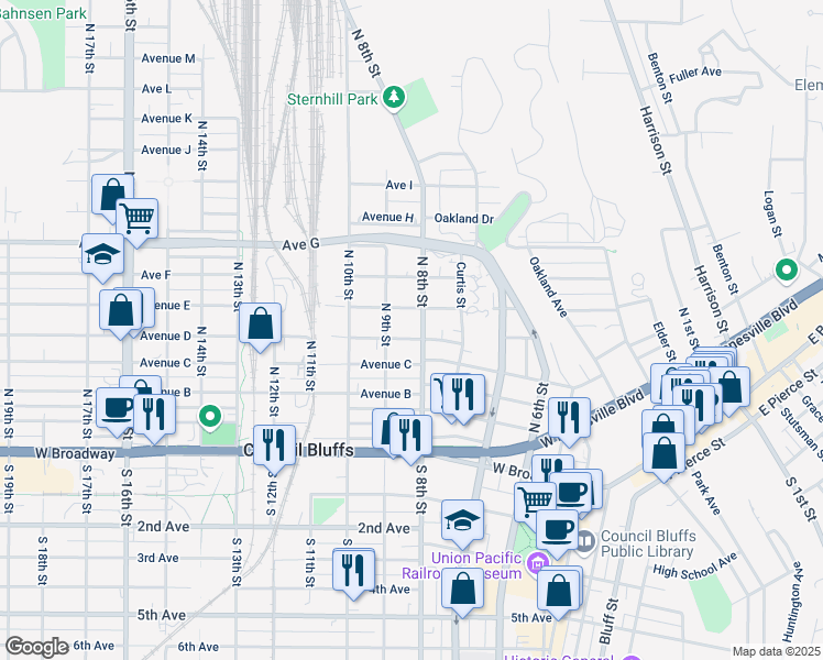 map of restaurants, bars, coffee shops, grocery stores, and more near 310 North 8th Street in Council Bluffs