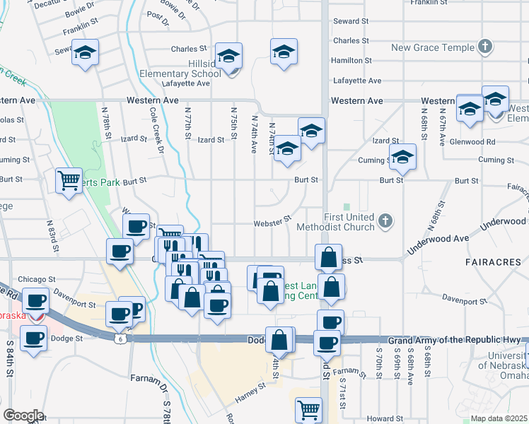 map of restaurants, bars, coffee shops, grocery stores, and more near 7402 Webster Street in Omaha