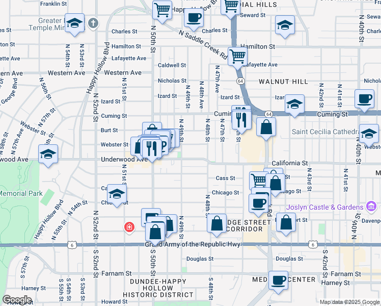 map of restaurants, bars, coffee shops, grocery stores, and more near 4850 Underwood Avenue in Omaha