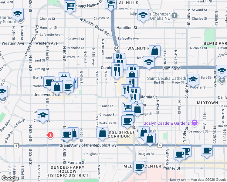 map of restaurants, bars, coffee shops, grocery stores, and more near 4602 California Street in Omaha