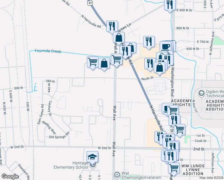map of restaurants, bars, coffee shops, grocery stores, and more near 345 North Wall Avenue in Ogden