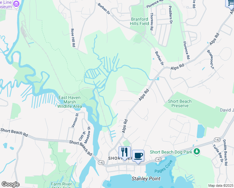 map of restaurants, bars, coffee shops, grocery stores, and more near 12 Spice Bush Lane in Branford