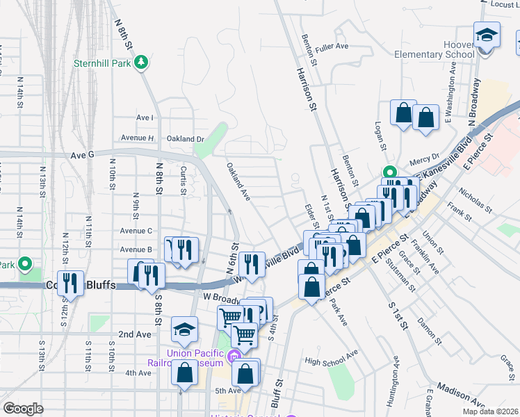 map of restaurants, bars, coffee shops, grocery stores, and more near 400 Oakland Avenue in Council Bluffs
