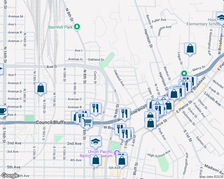 map of restaurants, bars, coffee shops, grocery stores, and more near 325 Williams Street in Council Bluffs