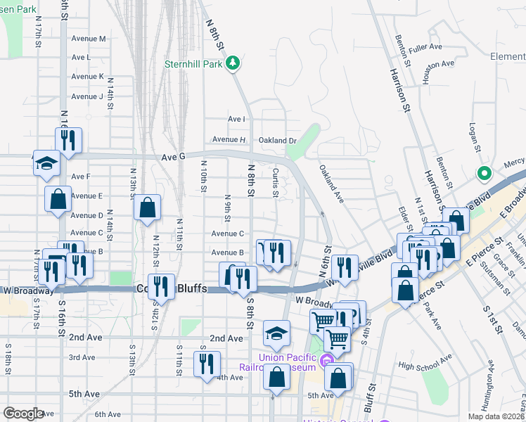 map of restaurants, bars, coffee shops, grocery stores, and more near 310 North 8th Street in Council Bluffs