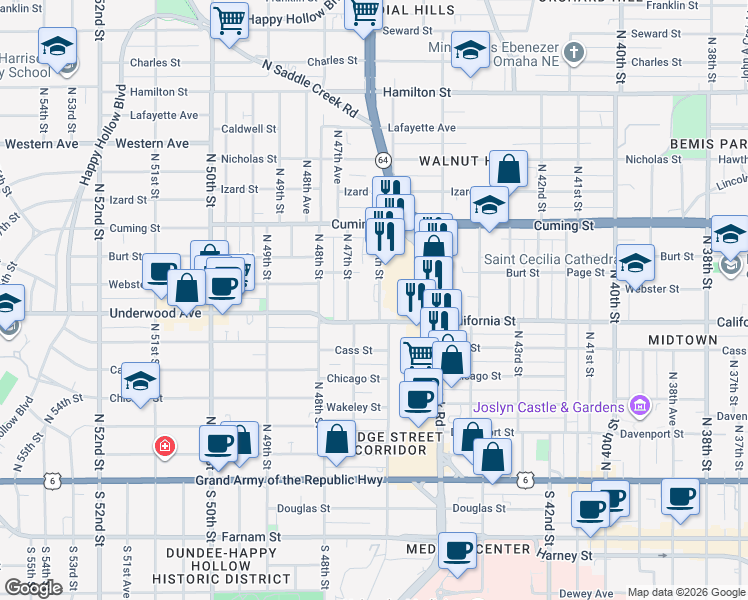 map of restaurants, bars, coffee shops, grocery stores, and more near 4602 California Street in Omaha