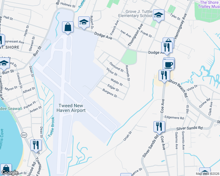 map of restaurants, bars, coffee shops, grocery stores, and more near 58 Edgar Street in East Haven