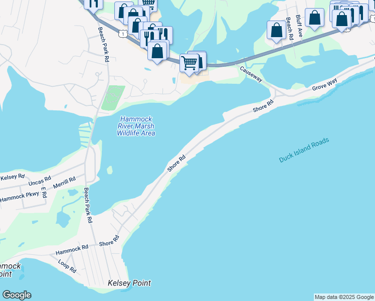 map of restaurants, bars, coffee shops, grocery stores, and more near 114 Shore Road in Clinton