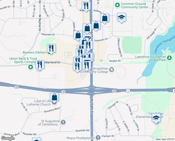 map of restaurants, bars, coffee shops, grocery stores, and more near 815 North 204th Avenue in Omaha