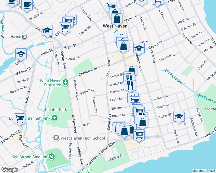 map of restaurants, bars, coffee shops, grocery stores, and more near 469 Savin Avenue in West Haven
