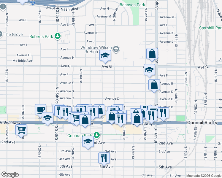 map of restaurants, bars, coffee shops, grocery stores, and more near 2011 Avenue D in Council Bluffs