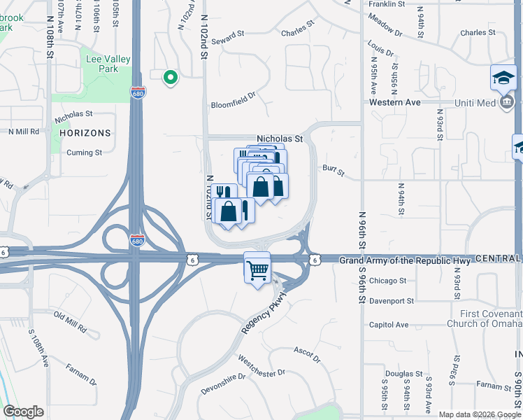 map of restaurants, bars, coffee shops, grocery stores, and more near 10000 California Street in Omaha