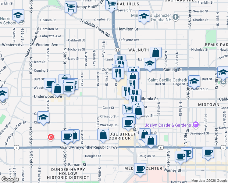 map of restaurants, bars, coffee shops, grocery stores, and more near 4602 California Street in Omaha