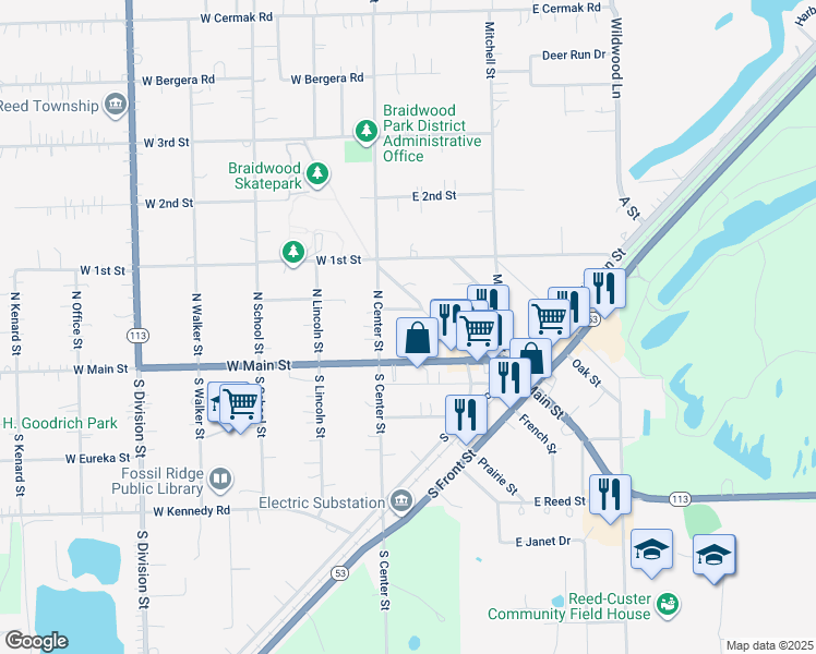 map of restaurants, bars, coffee shops, grocery stores, and more near 145 East Elm Street in Braidwood