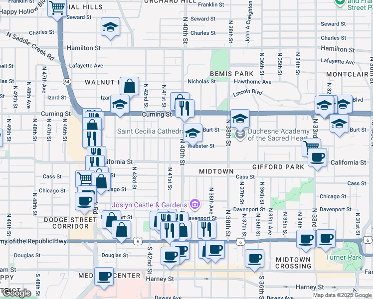 map of restaurants, bars, coffee shops, grocery stores, and more near 605 North 40th Street in Omaha